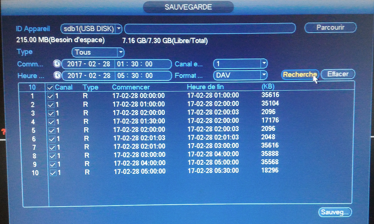 copier les images de vidéosurveillance sur clé USB - fenêtre liste enregistrements